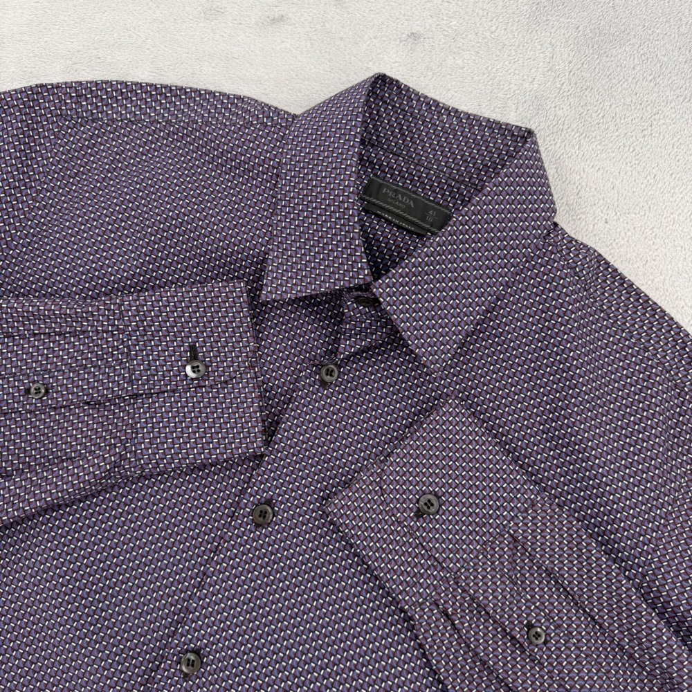 Prada Milano Dress Shirt Mens Large 41 16 Purple Geometric Micro Print Luxury